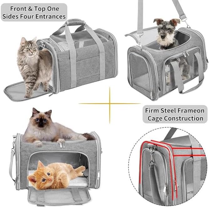 Soft-Sided Pet Carrier for Cats and Dogs, Collapsible Travel Bag with Shoulder Strap, Removable Mat, Mesh Windows, 20x13x13 Inch,Gray - Image 5