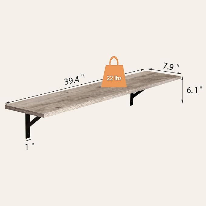 Long Wall Shelves, 39.4 Inch Wall Mounted Shelves with Brackets | Floating Book Shelf, Set of 2, Easy Assembly, Max Load 33lbs, Wood Wall Storage Ledges, Living Room/Bathroom/Bedroom, Greige - Image 3