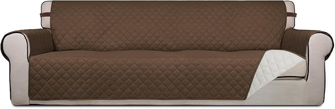 PureFit Reversible Quilted Couch Covers for Dogs Sofa Cover 4 Seater 88" | Coffee/Ivory, Water Resistant Couch Protector, Washable Pet Couch Cover with Non Slip and Elastic Straps For Kids by PureFit