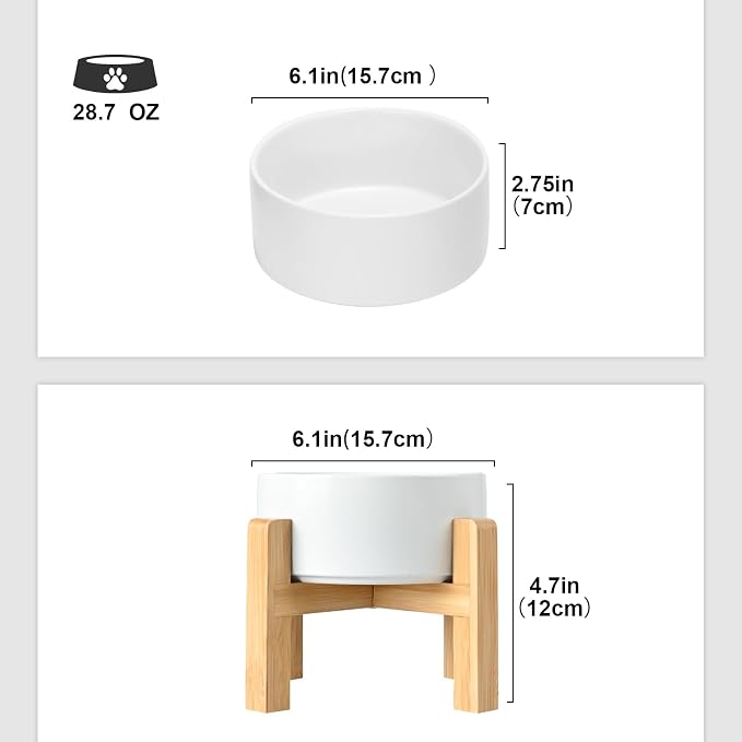 SPUNKYJUNKY Ceramic Elevated Dog Bowls 2 Pack - 6.1inch Raised Dog Bowls with Non-Slip Wooden Stand for Medium Dogs Dishwasher Safe(White,28.7OZ*2) - Image 2