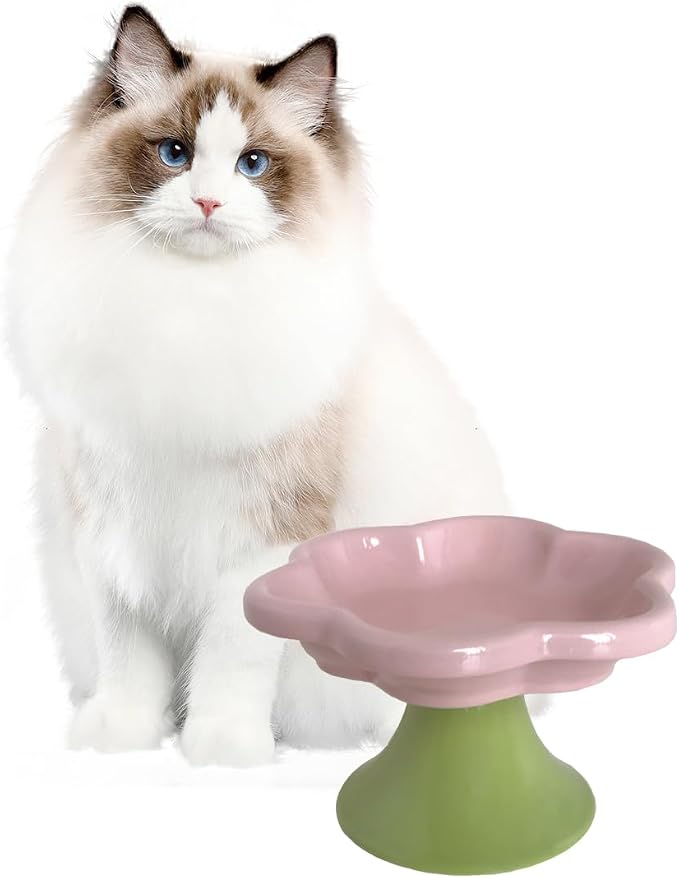 Ceramic Elevated Cat Bowls Flower Dish,Small Raised Dish.Flower Ceramic Raised Bowls for Cats and Small Dogs reducing pet’s Neck Bending and Pressure （Pink Green） - Image 2