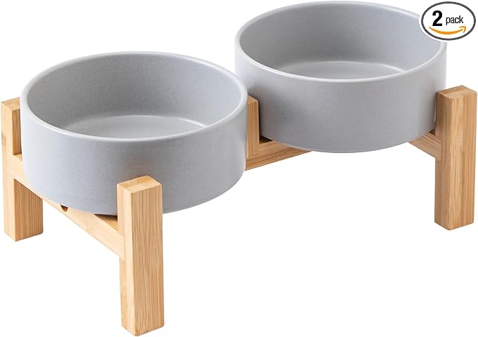 Elevated Ceramic Dog Bowl Set - Raised Dog Bowls with Non Slip Bamboo Stand, Food and Water Bowl Set for Kitty, Cats and Toy Breed Dogs, Pet Bowls, Weighted Dogs Dishes (5.1'', 2*16OZ, Grey) by Welloyed