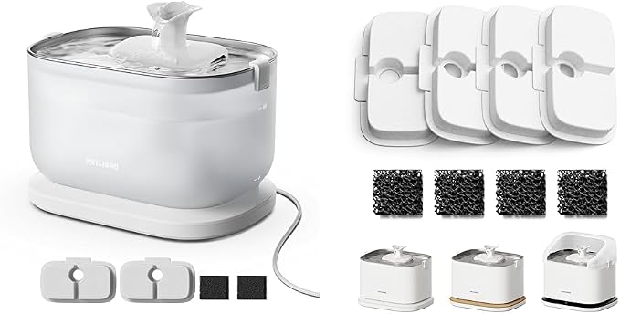 PETLIBRO Cat Water Fountain + PETLIBRO Genuine 4 Packs Filters, Cat Fountain Indoor Stainless Steel Tray, 2.5L/84oz Wireless Pump Pet Water Fountain, Cat Water Dispenser with Two Flow Modes by Unknown