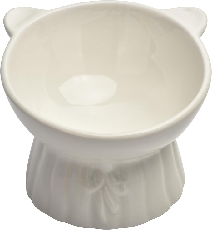 Elevated Cat Food Bowl,8 Oz Ceramic Raised and Tilted Water Bowl,Anti Vomiting and Protect Pets Spines Dishes for Fat Faced Cat, Indoor Cats,Kitten,Small Dog (White) by BUYNEED