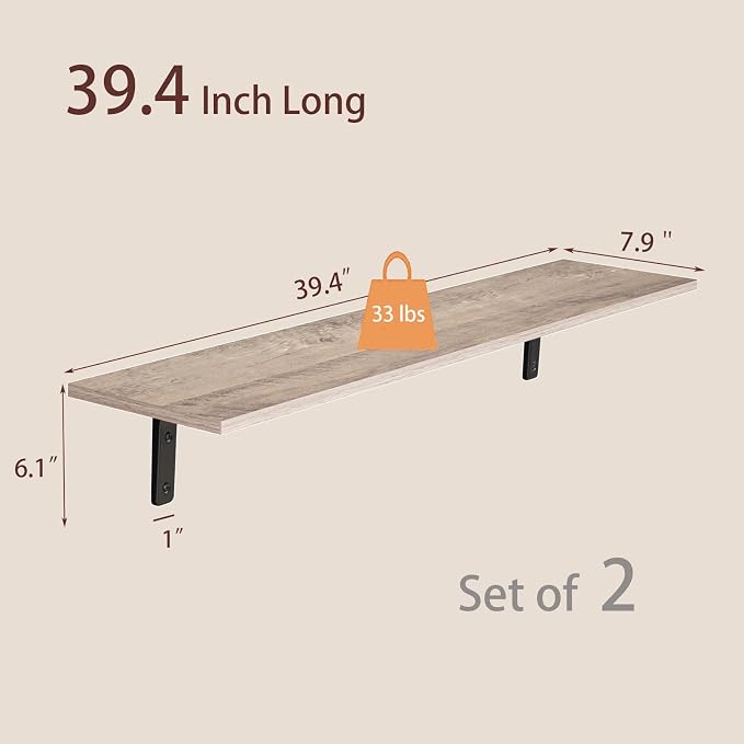 Long Wall Shelves, 39.4Inch Wooden Wall Mounted Shelves, Set of 2 | Large Floating Book Shelf, Metal Bracket, Easy Assembly, Max Load 33lbs, Wall Storage Ledges, Bedroom/Bathroom/Kitchen Greige - Image 3