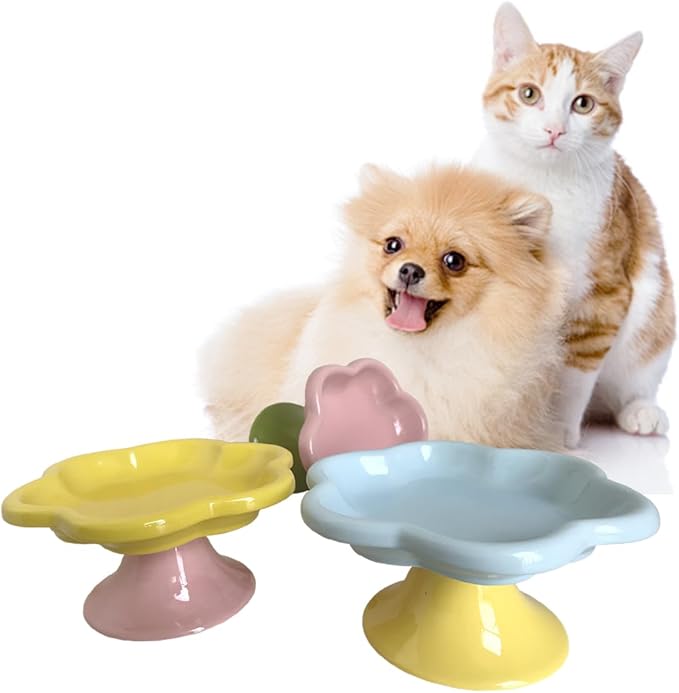 Ceramic Elevated Cat Bowls Flower Dish,Small Raised Dish.Flower Ceramic Raised Bowls for Cats and Small Dogs reducing pet’s Neck Bending and Pressure （Pink Green） - Image 6