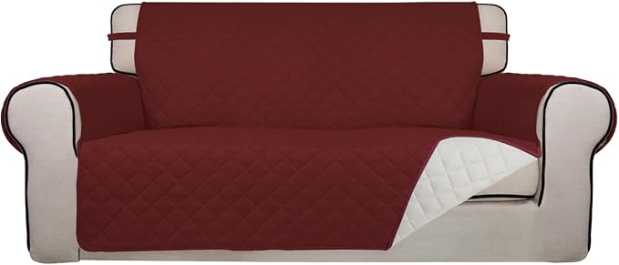 PureFit Reversible Quilted Couch Covers for Dogs Loveseat Sofa Cover 54" | Red/Ivory, Water Resistant Couch Protector, Washable Pet Couch Cover with Non Slip and Elastic Straps For Kids by PureFit
