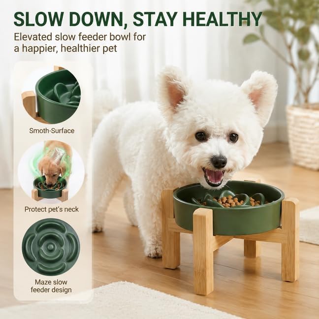 Elevated Ceramic Slow Feeder Dog Bowls Anti-Choking Slow Feeding for Small&Medium Size Anti-Slip Non-Lead & Toxic Durable Easy to Clean Maze Slow Feeder Bowl（8.26in Olive Green Flower Pattern） - Image 2