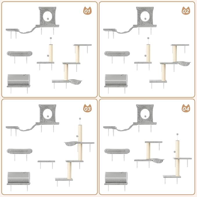 7-in-1 Cat Wall Shelves, Wall Mounted Climber Set | Cat Furniture with House, Tunnel, Bridge, Steps, Scratcher, Hammock, Shelves for Indoor, Gray - Image 3
