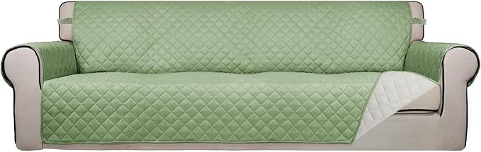 PureFit Reversible Quilted Couch Covers for Dogs Sofa Cover 4 Seater 88" | Sage Green/Ivory, Water Resistant Couch Protector, Washable Pet Couch Cover with Non Slip and Elastic Straps For Kids by PureFit