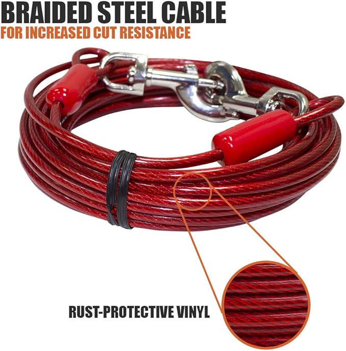 BV Dog Tie Out Cable 30 Feet - Heavy Duty Dog Lead Up to 125 Pounds - Reflective & Rust-Free with Quick Release Swivel Clips & 360° Rotating Clasp - Tangle-Free Dogs Runner for Yard (Red, Single) - Image 6