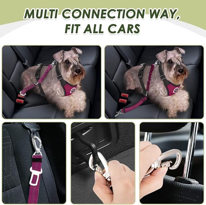 Lukovee Dog Car Harness Seat Belt, Harness & Seatbelt with 2 in 1 Buckle | Adjustable Soft Breathable Mesh Harness, Reflective Elastic Reflective Tether, for Small Medium Large Dogs Pets (Rose, M) - Image 3