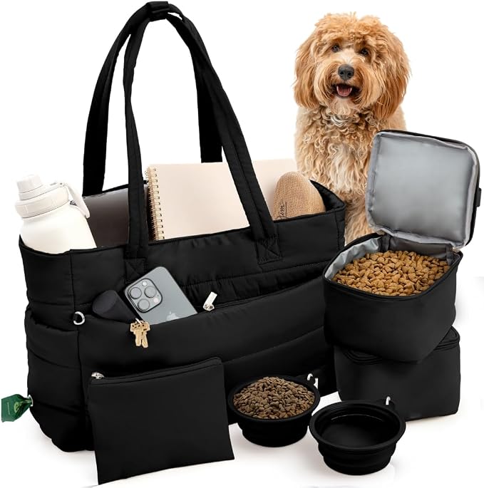 Rubyloo Puffer Dog Travel Bag for Dog Moms, Diaper Bag with Travel Bowls | 2 BPA-Free Collapsible Bowls, 2 Pet Food Containers, 9 Pockets, Everyday Puffer Bag Works With or Without Your Dog, Black by Rubyloo