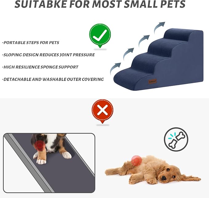 Aodisman Dog Steps for Bed or Couch,4-Step Pet Stairs Ramp for Small Dogs | 17.4" H Indoor Non-Slip Dog Stairs Help Senior Dogs,Short-Legged Breeds,Puppies and Cats to Reach Beds and Chairs,Grey,Blue - Image 6