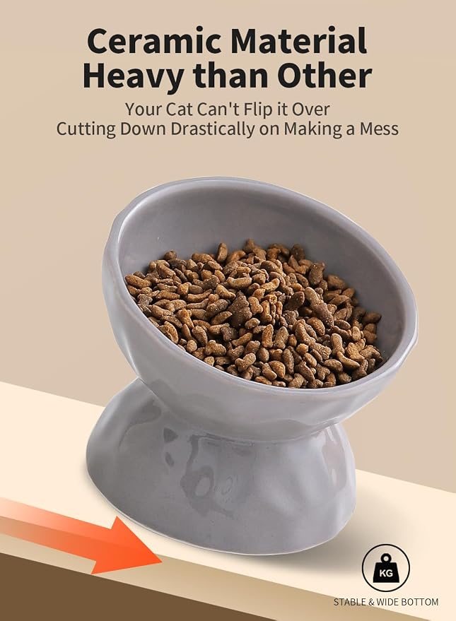 5 Inch Grey Tilted Ceramic Raised Cat Bowls Set of 2 | Elevated,Food and Water Pet Bowl, Porcelain,Slanted, for Cats and Small Dogs,Protect Cat's Spine,Dishwasher Safe,Durable - Image 7