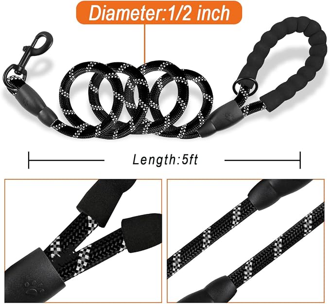 BARKBAY Dog Leashes for Large Dogs Heavy Duty Dog Leash 2 Pack 5 FT with Comfortable Padded Handle Highly Reflective Threads for Medium Large Dogs Walking Training Running (5FT-1/2,Black+Black) - Image 6