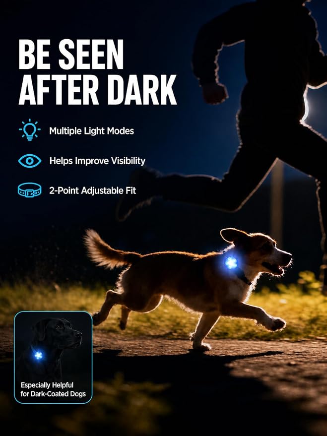 2-Pack Dog Collar Light with Memory Function, 8 Modes, IPX7 Waterproof | 24 hour runtime, flower shaped light, visible up to 1550 ft, fits all dog sizes, thicker adjustable strap - Image 8