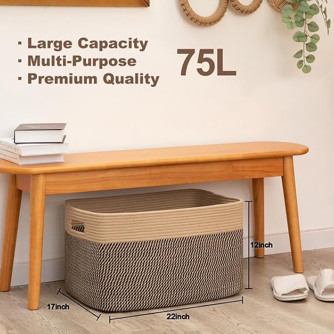 75L Large Cotton Rope Basket, Soft Toy Storage Bin for Nursery & Living Room, Decorative Blanket Basket for Bedroom, Baby-Safe Organizer for Pillows &Laundry, 22''×17''×12'', Brown & Black - Image 9