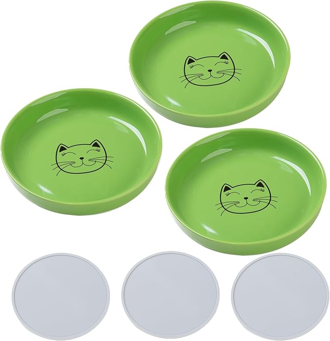 Lusifaco Shallow Wide Cat Food Bowls Anti Whisker Fatigue (Green, 3 Pack) | 5.9 Inch 2 Height Raised Ceramic Cat Dishes with Bamboo Stand, Flat Pet Water Food Plates Feeding Station for Indoor Kitten by MakesMealsMoreEnjoyable
