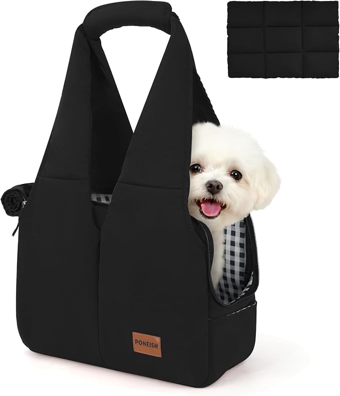 Dog Purse Carrier for Small Dogs and Cats, Soft-Sided Pet Tote Bag with 6 Large Pockets, Collapsible Travel Puppy Carrier with Small Cushion, Fits Pets up to 6 lbs (Black, 13.6" L x 6.6" W x 10" H) by Unknown