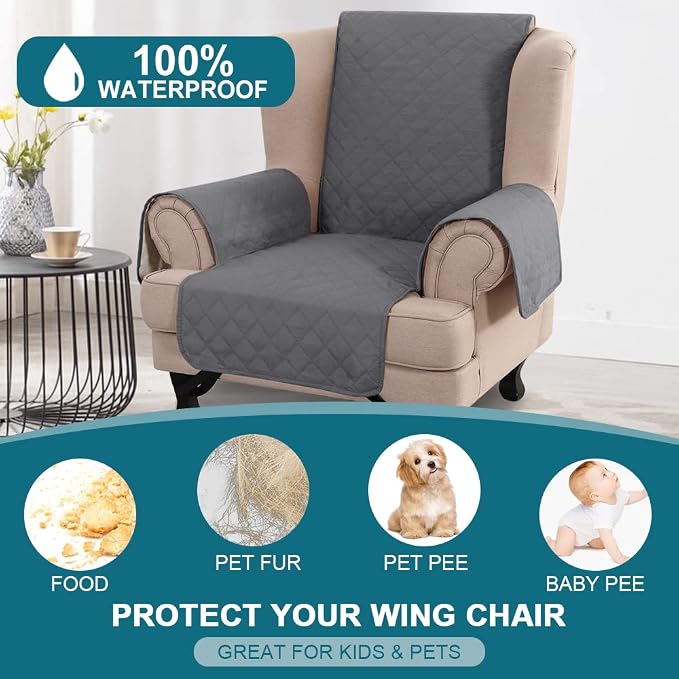 Turquoize 100% Waterproof Wing Chair Cover Wing Armchair Slipcovers Chair Couch Protector Triple Non-Slip Sofa Slipcover for Wing Chair Furniture Protector for Pets, Kids,Dog (Wing Chair, Gray) - Image 2