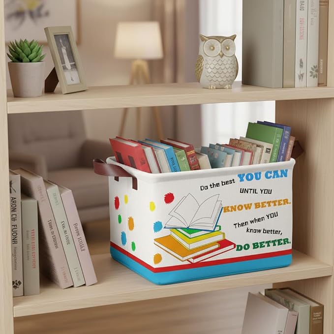 Book Storage Basket Waterproof Canvas Toy Storage Bin Blanket Baskets Collapsible Outdoor Basket with Leather Handles Book Organizer for Nursery Room Classroom Library Closets,Bedrooms,Gifts Baskets - Image 4