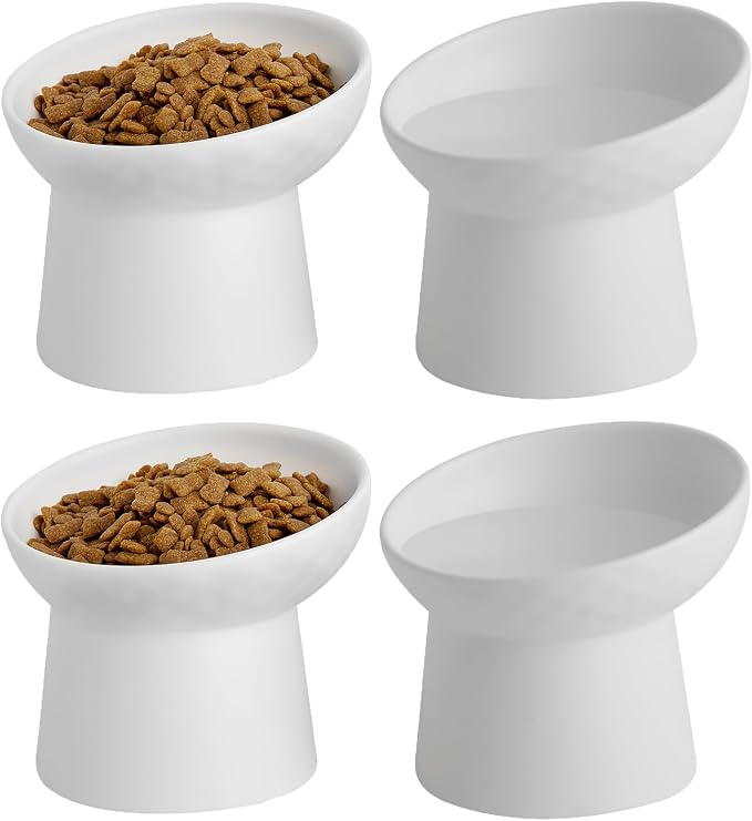Elevated Cat Bowls, 15° Tilted Ceramic Raised Cat Food and Water Bowl Set, Whisker-Friendly Porcelain Pet Feeder Dishes for Indoor Cats and Small Dogs,White,5.2 Inch,4 Pack by KITCHENLESTARaddsmorebeautifulcolourstoyourlife