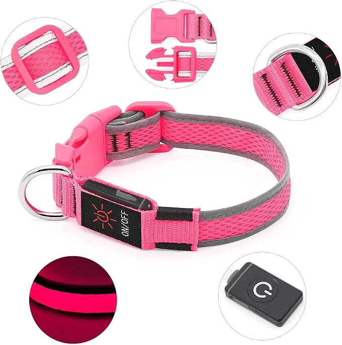 BSEEN Light Up Dog Collars - Reflective LED Dog Collar, Adjustable Puppy Collar, Rechargeable Dog Camping Gear Dog Collar Light for Small Medium Large Dogs (Large, Pink) - Image 3
