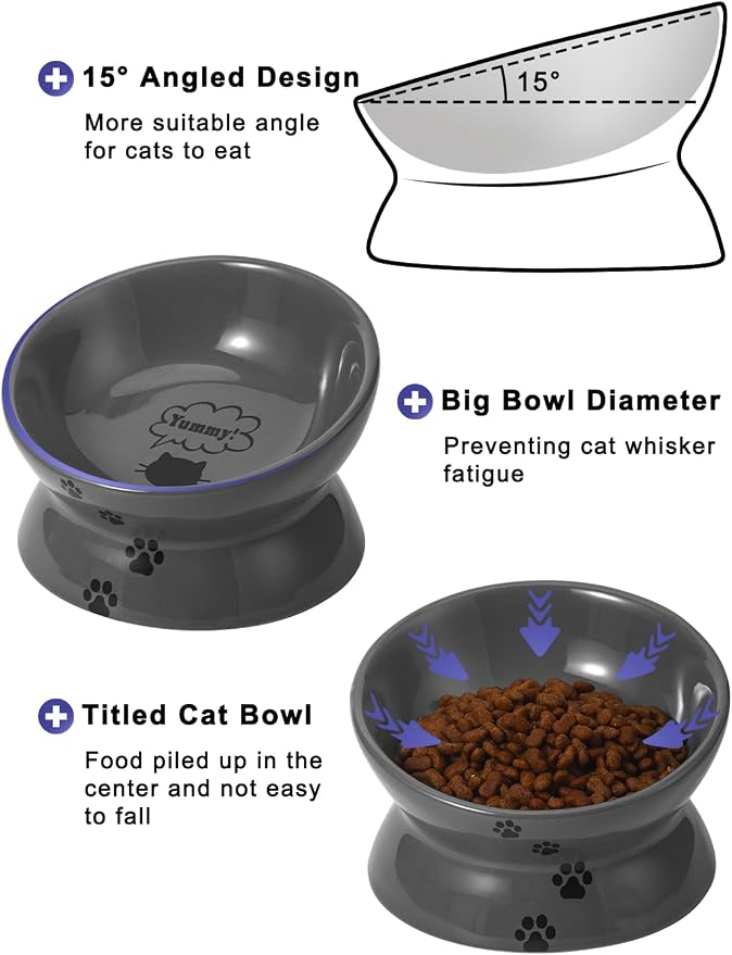 Y YHY Raised Cat Food Bowl, Ceramic Elevated Bowl, Protects Cat's Spine, Anti Vomiting, Backflow Prevention, Grey - Image 2