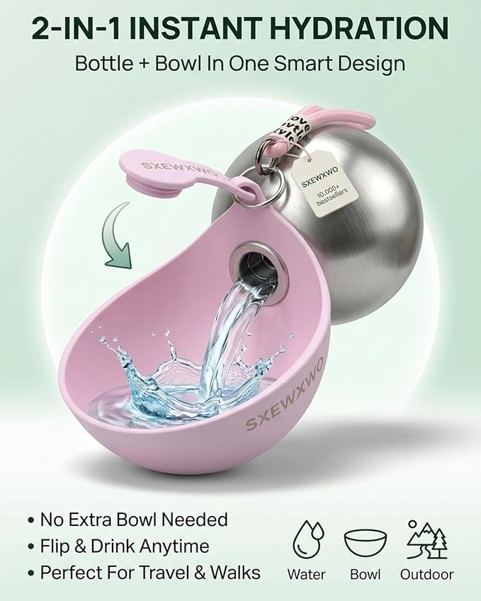 The 2-in-1 Dog Water Bottle & Bowl 2026 New Portable Trave Pet Dispenser Perros Silicone Water Ball Spill Proof Container Design on Walks Walking Hiking Insulated Round Botella Animal (Pink) - Image 3