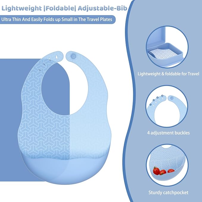 Blue Silicone Foldable Feeding Set, Travel Baby Feeding Supplies Including Toddler Plates, Silicone Baby Spoon&Fork, Adjustable Foldable Bib, Portable Infant Toddler Utensils - Image 3