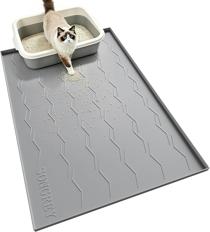 Songrey Silicone Cat Litter Mat 40" x 28", Large Litter Trapping Mat, Gray | Waterproof, Urine-Proof Litter Box Mat for Floor, Soft on Kitty Paws, Easy To Clean, Cat Supplies, Pet Feeding Mat by Unknown