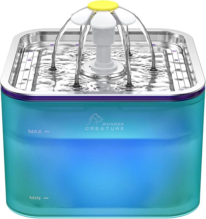 Wonder Creature Crystal Cat Water Fountain Stainless Steel Lid, 101oz/3L | Pet Fountain with Transparent Base, Quiet Pump, LED Indicator Light, Triple Filtration, 3 Flow Modes for Cats and Dogs by WonderCreature