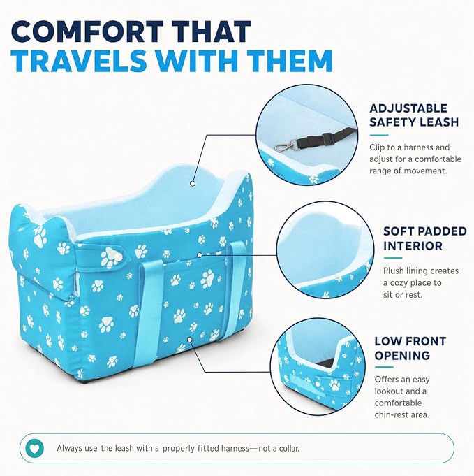 Center Console Dog Car Seat for Small Dogs Under 15lbs,Detachable Washable Booster Pet Car Seat Travel Bed with Storage Pockets and Seat Belt(Blue) - Image 5