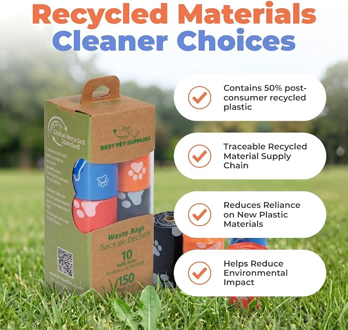 Best Pet Supplies GRS Poop Bags for Dogs - Mixed Colors, 150 Count | Scented, 50% Post-Consumer Recycled Plastic, Leak-proof, Easy-Tear perforations, Thick Bags, Fits Standard Holders - Image 7