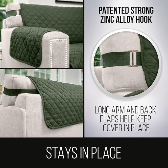 Sofa Shield® Couch Sofa Slip Cover for Dogs with Strap, Hunter Green Sage | Reversible Furniture Protector, Stain and Tear Resistant Cushion Cover, Machine Washable Slipcover for Pets, Cats 70 inch - Image 4