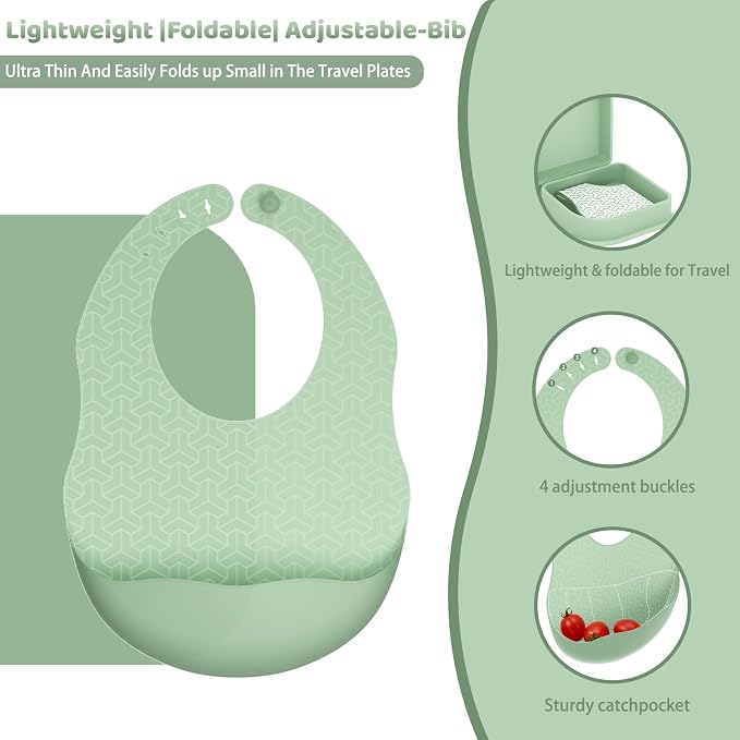 Green Foldable Silicone Baby Feeding Set, Portable Travel Baby Feeding Essentials Including Toddler Plates, Silicone Baby Spoon&Fork, Adjustable Foldable Bib, Portable Infant Toddler Utensils - Image 3