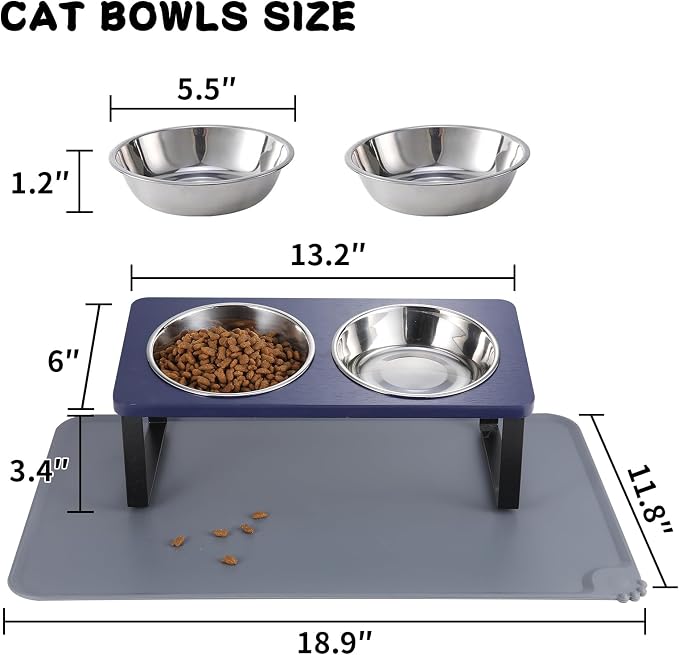 Summark Upgraded Elevated Cat Bowls with Food Mat,15°Tilted Stand Anti Vomiting Raised Cat Dishes for Food and Water,2 Stainless Steel Bowls for Cats and Puppies（Navy Blue） - Image 5