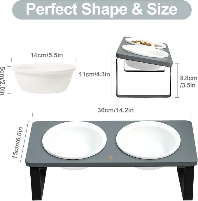 Sunhoo Ceramic Elevated Cat Bowls Raised Puppy Dishes for Food and Water Tilted Wooden Stand for Indoor Cats 5.5 inch Wide Double Dish Orthopedic Reduces Vomiting (Grey) - Image 3