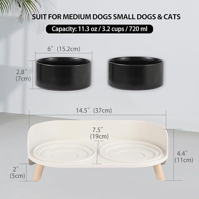 Elevated Ceramic Dog Bowl Set - Double Dog Feeding Bowls with Stand Splash Proof - Raised Dishes for Food and Water - Ideal for Small to Medium Dogs - 2 x 720 ml - 11.3 oz - Black - Image 2