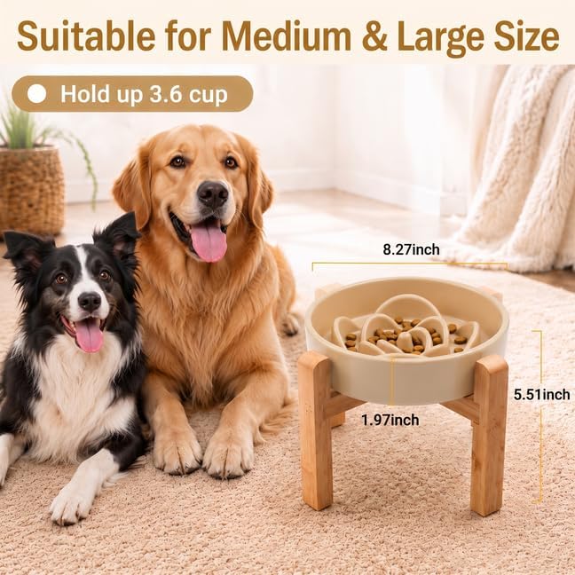 Elevated Ceramic Slow Feeder Dog Bowls Anti-Choking Slow Feeding for Medium& Large Anti-Slip Non-Lead & Toxic Durable Easy to Clean Maze Slow Feeder Bowl（8.66in Khaki Flower Pattern） - Image 3