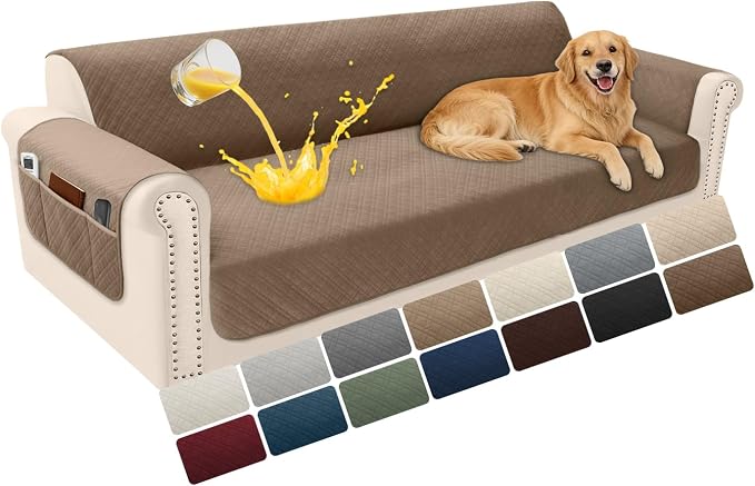 Velvet 100% Waterproof Couch Cover for Dogs Washable Sofa Covers for 3 Cushion Couch Pet Friendly Oversized Sofa Slipcovers Non Slip Furniture Protector with Pockets (XX-Large, Camel) by YUEVELLASofaCover