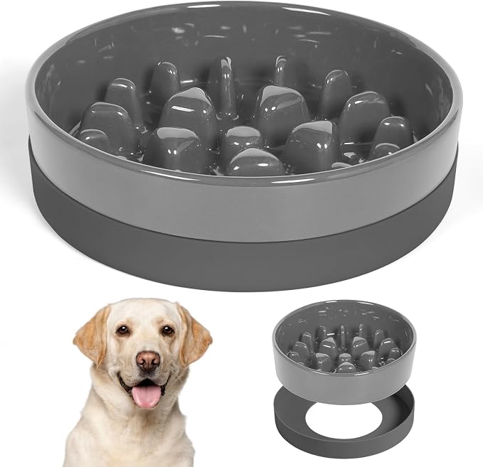 Sted Ceramic Slow Feeder Dog Bowls for Medium Large Breed | Slow Feeding Dog Bowl, Dogs Food Bowls for Fast Eaters, Puzzle Dogs Food Bowl with Silicone Base, Maze Grey by Sted
