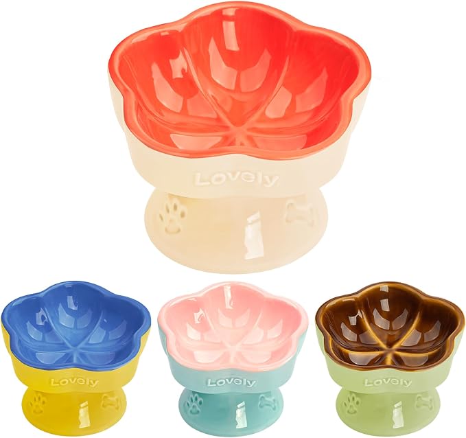 S&Q's CERAMICS Raised Cat Bowl, Elevated Cat Bowl for Food and Water, Ceramic Titled Dish, Anti Vomit & Whisker Friendly, Microwave and Dishwasher Safe (Orange, 5.8") by SQsCeramics
