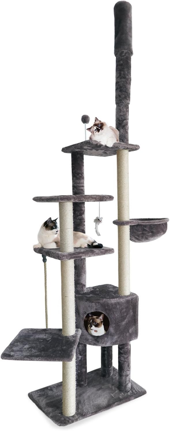 Furhaven 100"-113" Tall Cat Tree for Indoor Cats w/ Adjustable Height, Ft. Sisal Scratching Posts, Condo, & Toys - Tiger Tough Skyscraper Interactive Playground Tower - Gray, One Size - Image 4