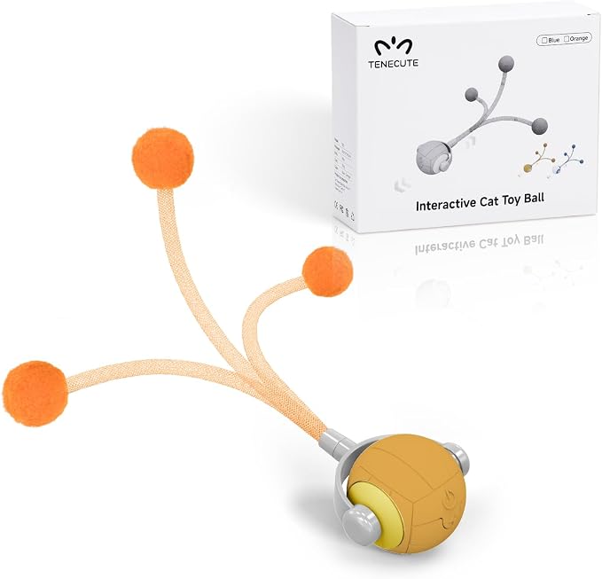 Cat Toys for Indoor Cats, Interactive Cat Toy Ball with Pom-Pom Tails, Automatic Cat Toy Self Play Exercise Toy to Relieve Boredom for Kitten & Adult Cats (Orange) by TENECUTE