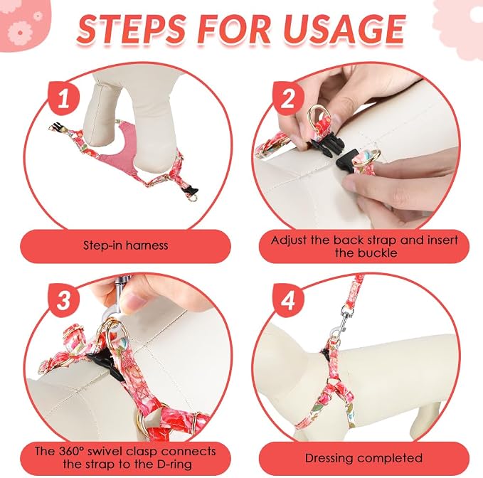 SlowTon No Pull Dog Harness with Leash for Small Medium Dogs, Rose, S | Floral Pattern, Step-in, Lightweight, Easy Put On and Off, No Choke, Soft Cotton and Suede for Daily Walking - Image 6