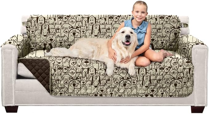 Sofa Shield® Couch Sofa Slip Cover with Strap, Chocolate Dog Pattern | Reversible Furniture Protector, Stain and Tear Resistant Cushion Cover, Machine Washable Slipcover for Pets, Cats 70 inch by SofaShield