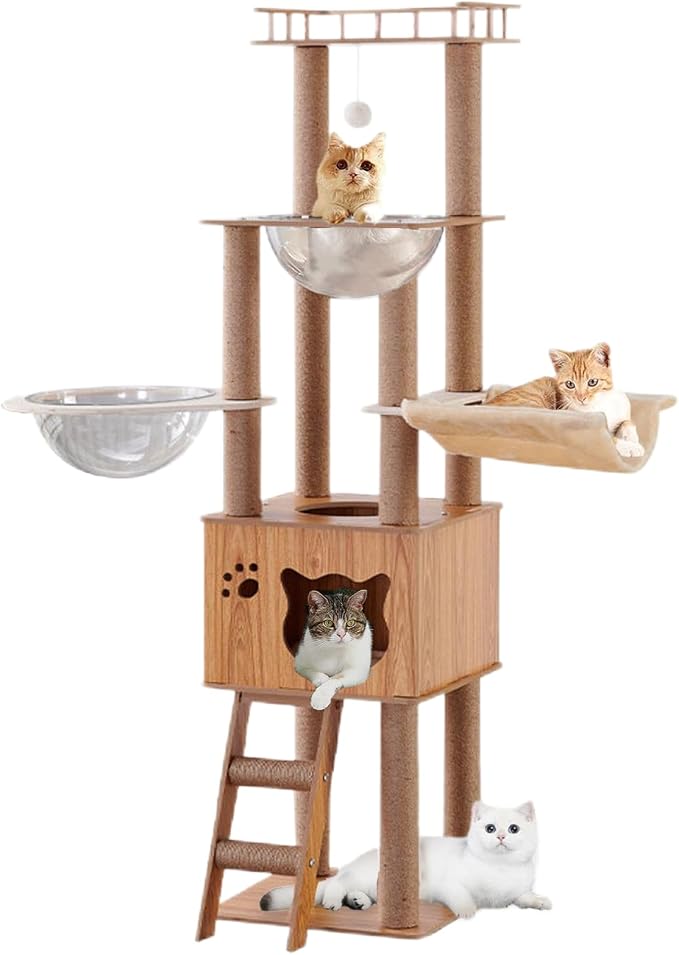 61'' Wooden cat Tree with cat Condo, Cat Stairs Scratching Posts, 2 Bowl,Sisal Scratching Posts,Cozy Cat Hammock and Top Perch. Cat Tree for Large Cats. - Image 7