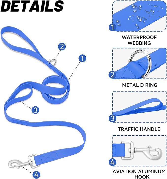 Waterproof Dog Leash with Double Handle, 6 FT Durable Odor-Proof Dog Leashes with Strong Aviation Aluminum Hooks Fits Small Medium or Large Dogs - Image 3